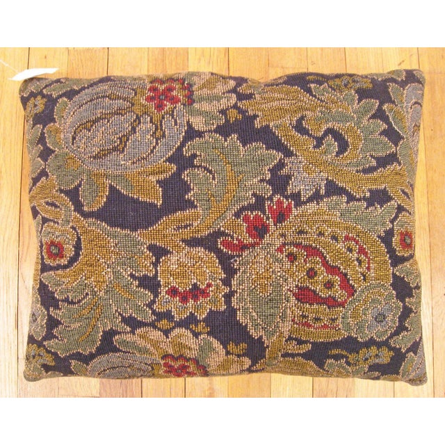 Antique Jacquard Tapestry Pillow; size 1'5” x 1'8”. An antique decorative pillow with floral elements allover a gray green...