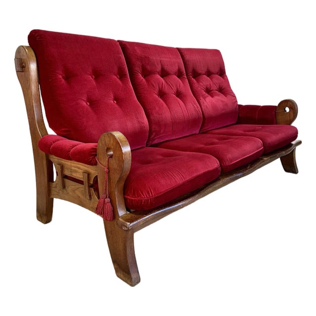 1970’s Vintage French Brutalist Oak and Red Velvet Sofa For Sale