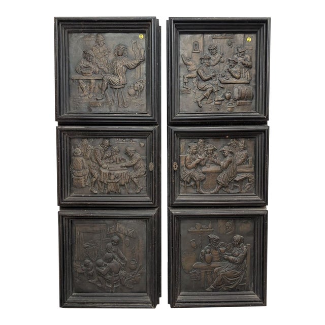 Pair of Antique Continental Repoussé Cabinet Doors After David Teniers, C. 1880-1910 For Sale