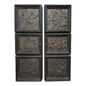 Pair of Antique Continental Repoussé Cabinet Doors After David Teniers, C. 1880-1910