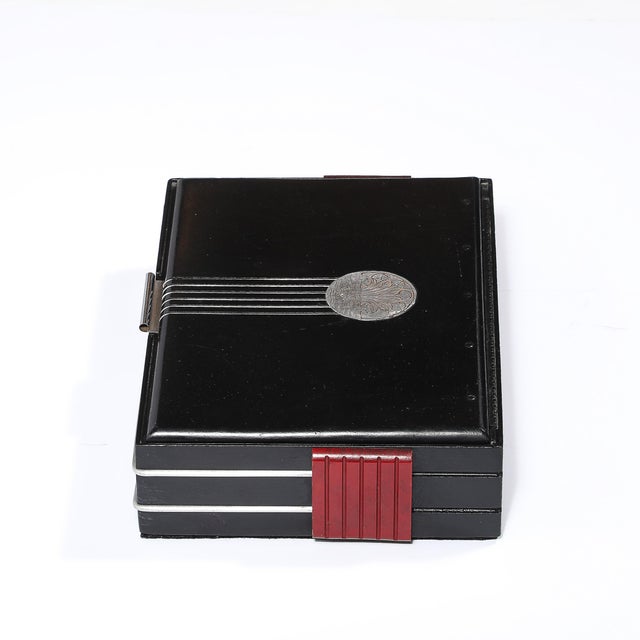 Black Art Deco Machine Age Aluminum Silvered Crest Lacquered Box W/ Bakelite Handles For Sale - Image 8 of 12