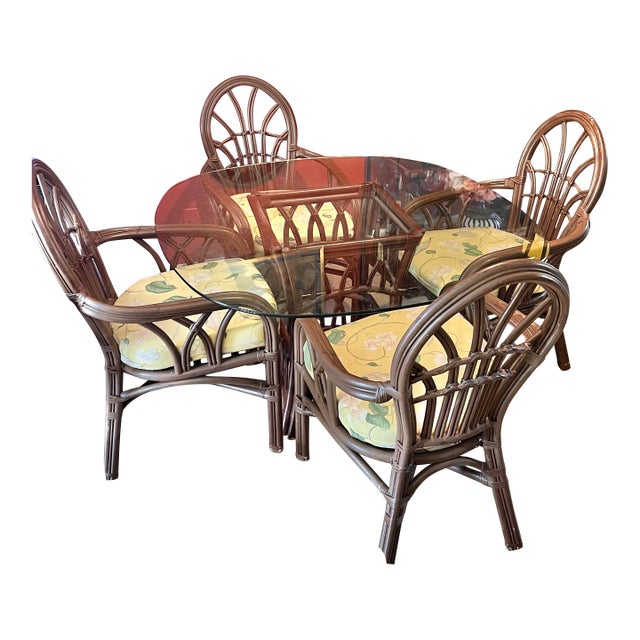 1970 Bamboo Round Glass Table and 4 Chairs For Sale