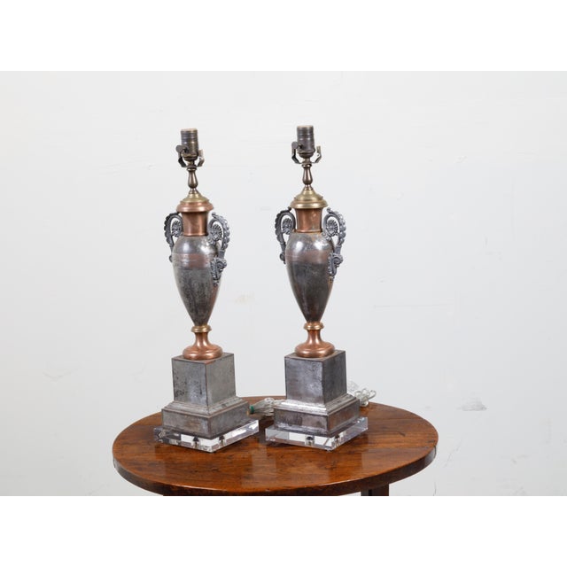 19th Century English Tôle Amphorae Shaped Table Lamps on Lucite Bases - a Pair For Sale - Image 11 of 12