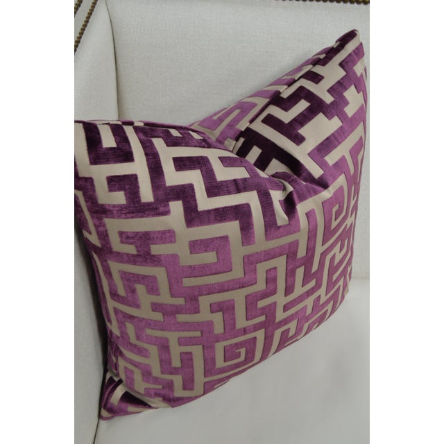 Bjork Studio Pair of Jim Thompson “Apollon” Aubergine Greek Key Cut Velvet Custom Pillows 22x22 In. For Sale - Image 4 of 6
