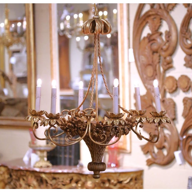 French Mid-Century French Louis XVI Giltwood Six-Light Basket Floral Chandelier For Sale - Image 3 of 10