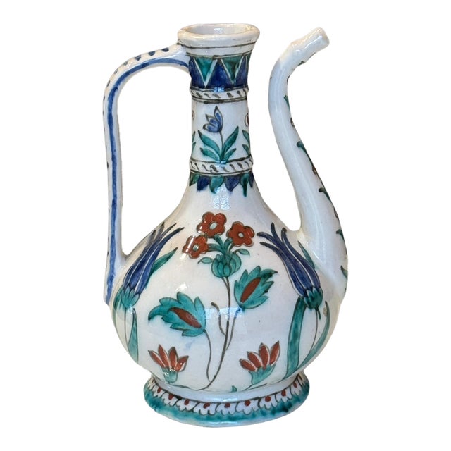 Antique Iznic Turkish Style Ceramic Ewer With Delicate Hand Painted Florals C1900 For Sale