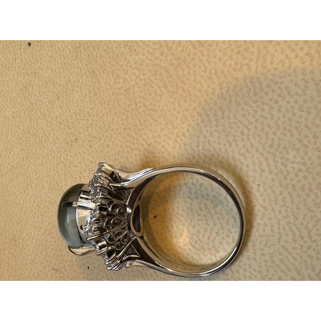 Gemstone 7.68 Ct Blue Green Cat's Eye Tourmaline Cocktail Ring with Diamonds in Platinum For Sale - Image 7 of 18