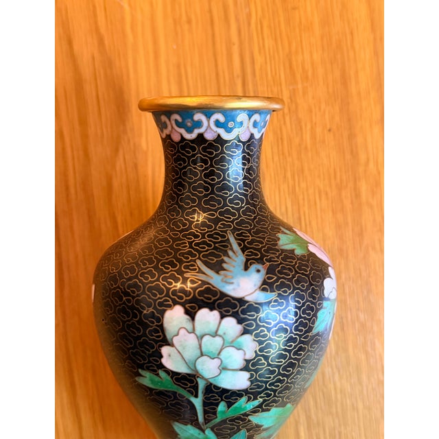 Charming vintage Chinese cloisonné vase 6.25”, Peony & Bird Motif, Black Enamel featuring hand-enameled peony blossoms and...