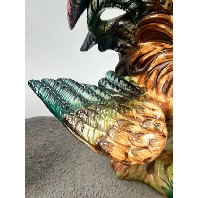Vintage Hand-Painted Italian Majolica Ceramic Fighting Rooster Sculpture, a Pair 1980's For Sale - Image 12 of 15