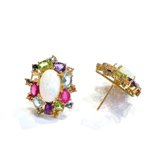 Bochic “Orient” Retro Opal, Ruby & Amethyst Earrings Set In 18K Gold & Silver, 2 pieces For Sale - Image 12 of 12