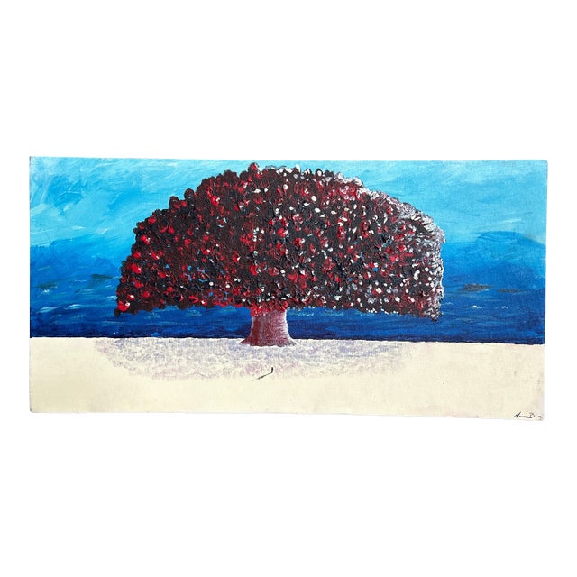 1980’s Original Surrealist Long Tree Landscape Painting For Sale
