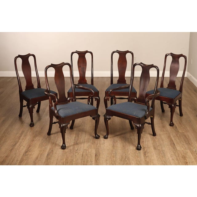 High Quality American Made Set of Six Custom Upholstered Carved Mahogany Dining Chairs, Includes Two Armchairs