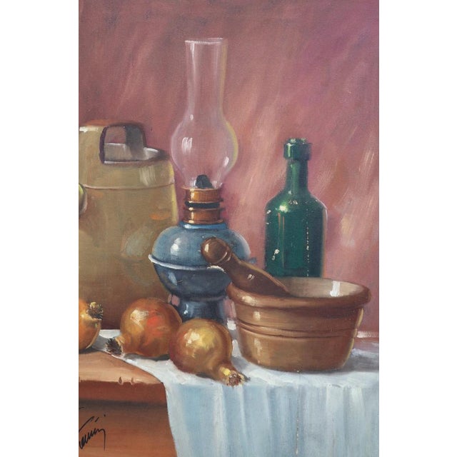 Painting oil on canvas "Morta Natura" made in the seventies by the painter Renè \. with wooden frame and passepartout, in...