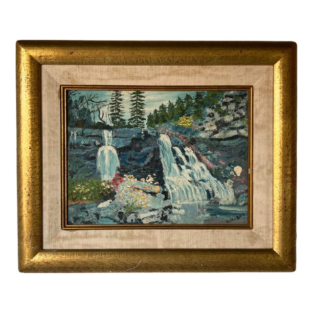 Vintage Impressionist Waterfall River - Forest Landscape Oil Painting, Signed For Sale