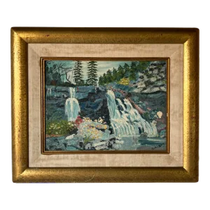 Vintage Impressionist Waterfall River - Forest Landscape Oil Painting, Signed