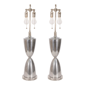 Mid 20th Century Pair of Mid Century Modern Polished Aluminum Table Lamps on Lucite Bases