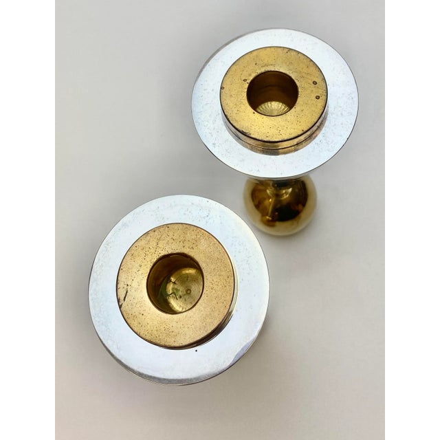 1980s Geometric Postmodern Sterling Silver and Brass Plated Candle Holders - a Pair For Sale - Image 5 of 11