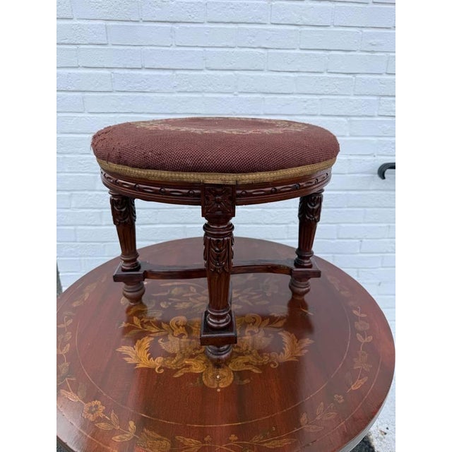 Antique Victorian French Louis XVI Style Carved Walnut Oval Bench Stool with Floral needle point Upholstery. X base, well...