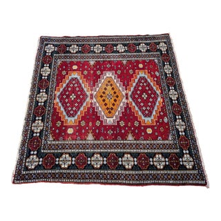 Vintage Persian Tribal Area Rug, Handwoven Geometric Pattern, Red and Blue, 4’ X 4’ For Sale