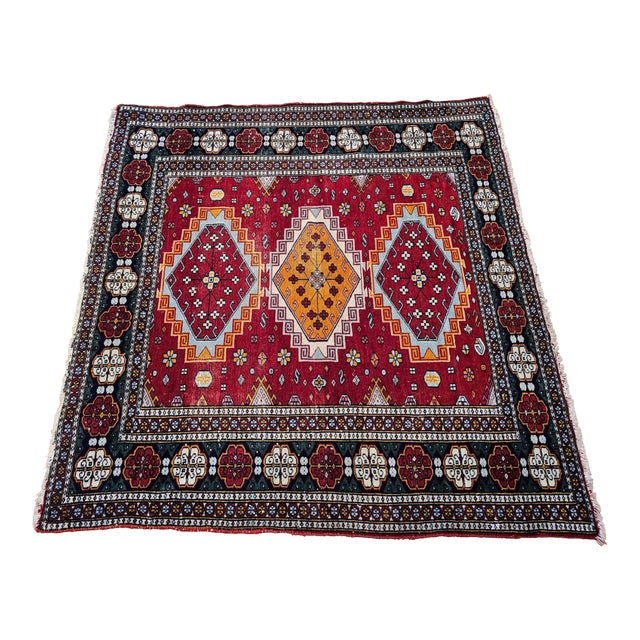 Vintage Persian Tribal Area Rug, Handwoven Geometric Pattern, Red and Blue, 4’ X 4’ For Sale