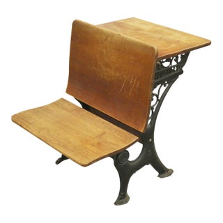 Antique Oak & Iron Childrens School Row Seat & Desk Combo For Sale