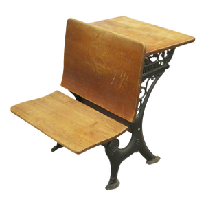 Antique Oak & Iron Childrens School Row Seat & Desk Combo