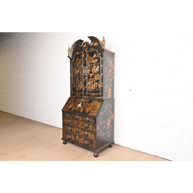 Chinoiserie Baker Furniture Style Georgian Chinoiserie Black Lacquered Hand-Painted Drop Front Secretary Desk For Sale - Image 3 of 13