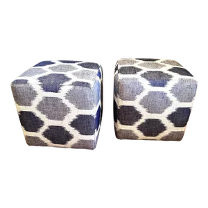Lee Industries Cabot Denim Woven Ikat Honeycomb Pattern Fabric Cover Rolling Cocktail Ottoman Stool, a Pair