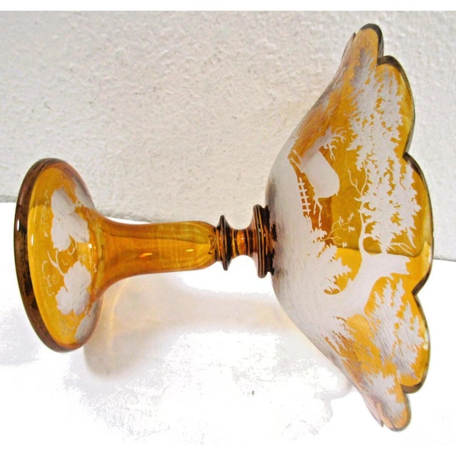 Mid 19th Century Bohemian Amber Compote Cut Crystal Engraved Country Scene of Deer For Sale - Image 9 of 12