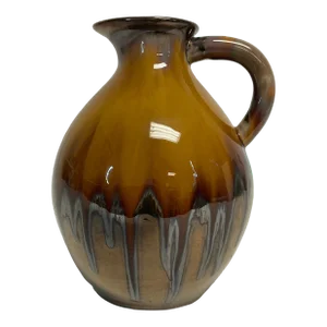 1980s Vintage Arts & Crafts Hollywood Regency Majolica Amber Drip Glazed Pitcher.