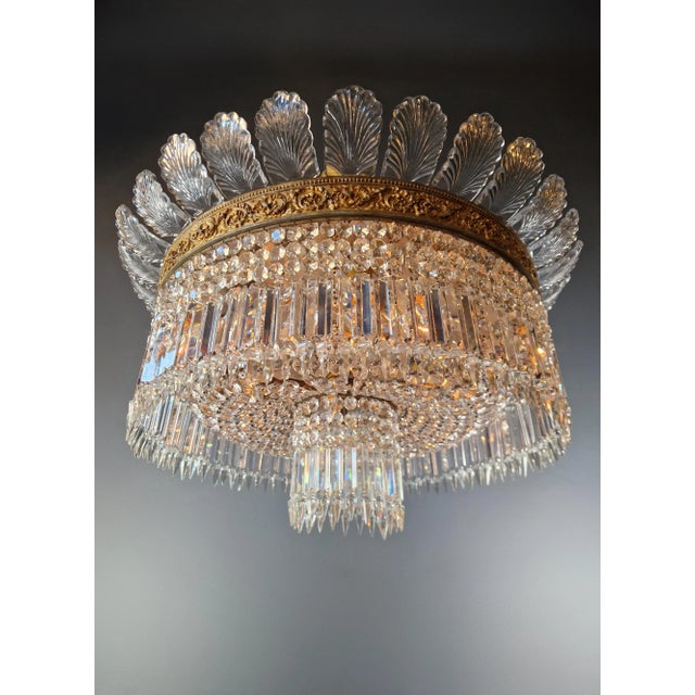 Metal 1930s Art Nouveau Big Leaf Plafonnier Crystal Brass Lustre Chandelier For Sale - Image 7 of 11