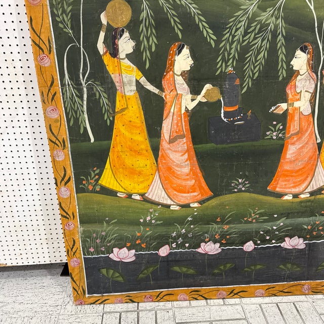Textile 1900s Hand Painted Indian Landscape Artwork With Floral Border For Sale - Image 7 of 8