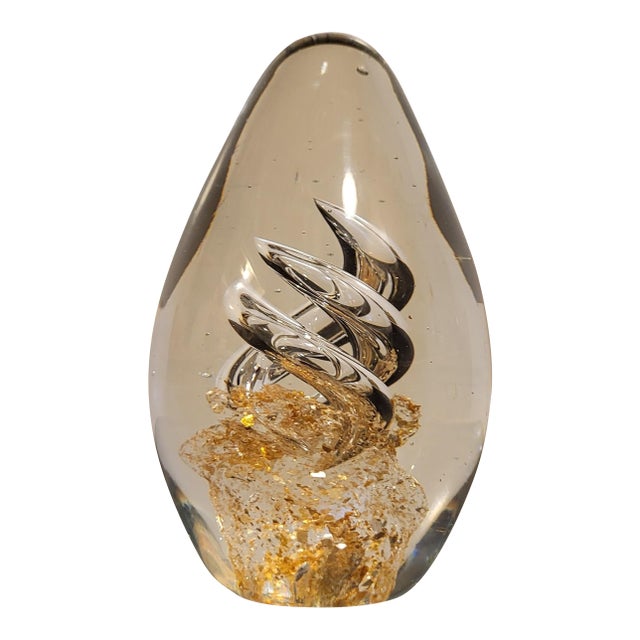 MCM Hand-Blown Glass Egg Paperweight Aventurine Clear & Gold 1960s For Sale