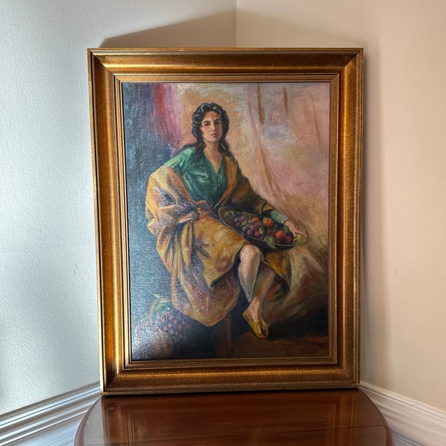 Vintage Italian Style Oil Painting Lady With Fruit Still Life ~ Signed For Sale - Image 9 of 10
