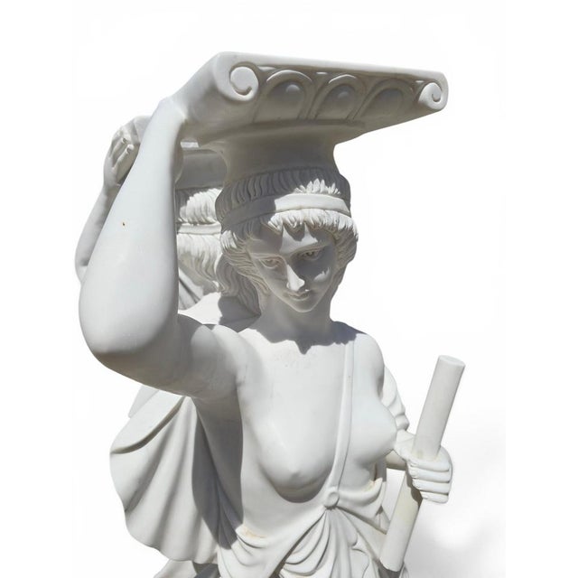 1980s Italian Classical Marble Pedestals with Sculpted Figures, 1980, Set of 2 For Sale - Image 5 of 14