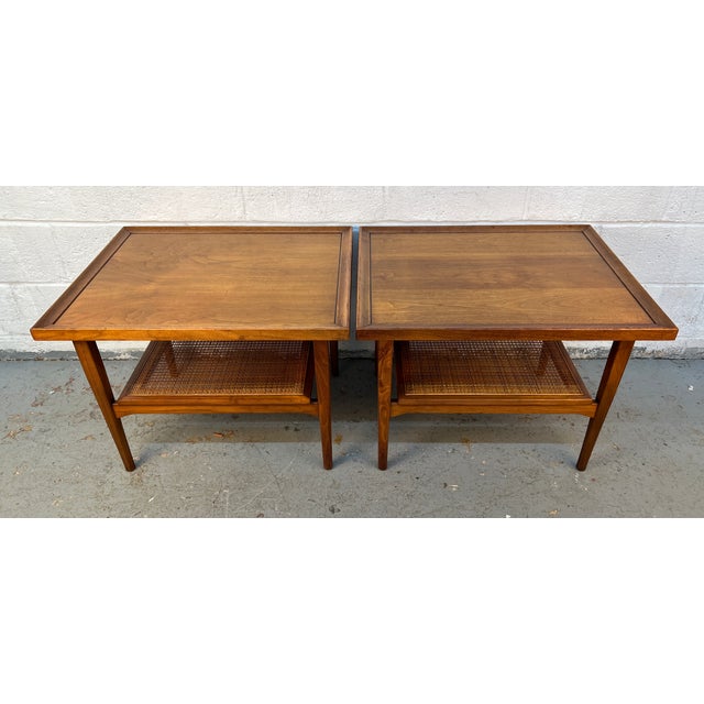 Mid 20th Century Mid-Century Walnut and Cane Drexel Declaration End Tables by Kipp Stewart For Sale - Image 5 of 14