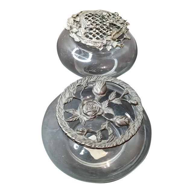 Gorgeous Pair of Potpourri Squat Vases With Filigree Pewter Lids For Sale