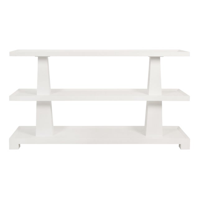 Matthew Izzo Home Lowen Textured White Linen Three Tier Console Table For Sale