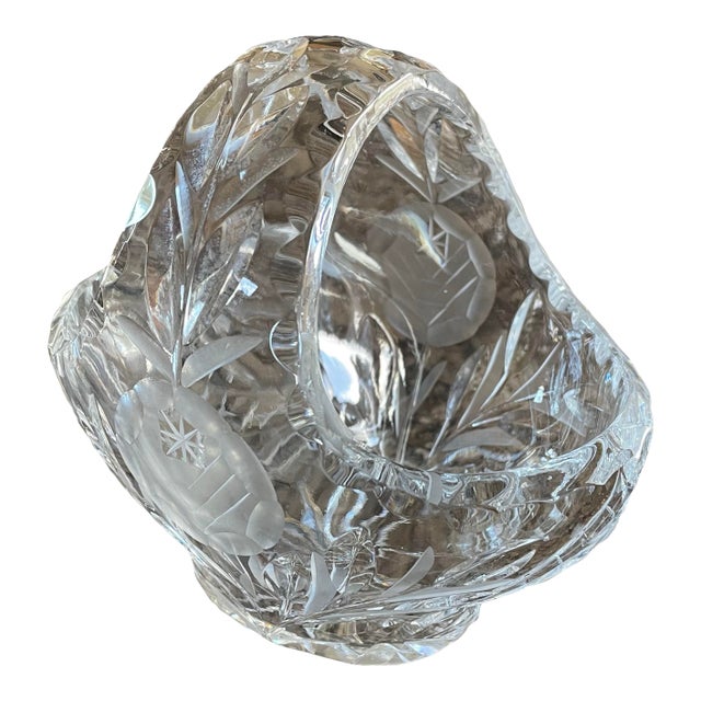 Mid-Century Modern Crystal Cut Glass Decorative Basket Bowl With Handle Vintage Candy Dish For Sale