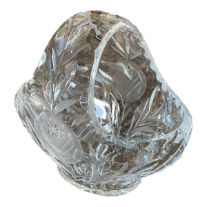 Mid-Century Modern Crystal Cut Glass Decorative Basket Bowl With Handle Vintage Candy Dish