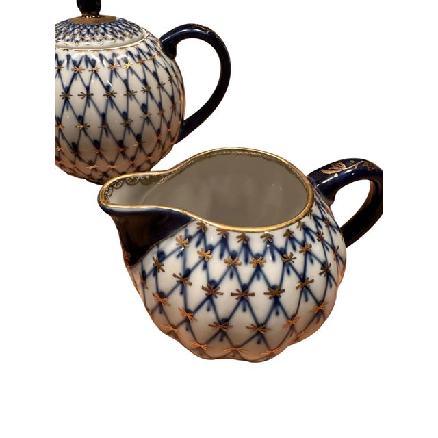 Ceramic Vintage Lomonosov Imperial Porcelain Cobalt Net Tulip Complete Tea Set for Six - 22 Pieces For Sale - Image 7 of 13