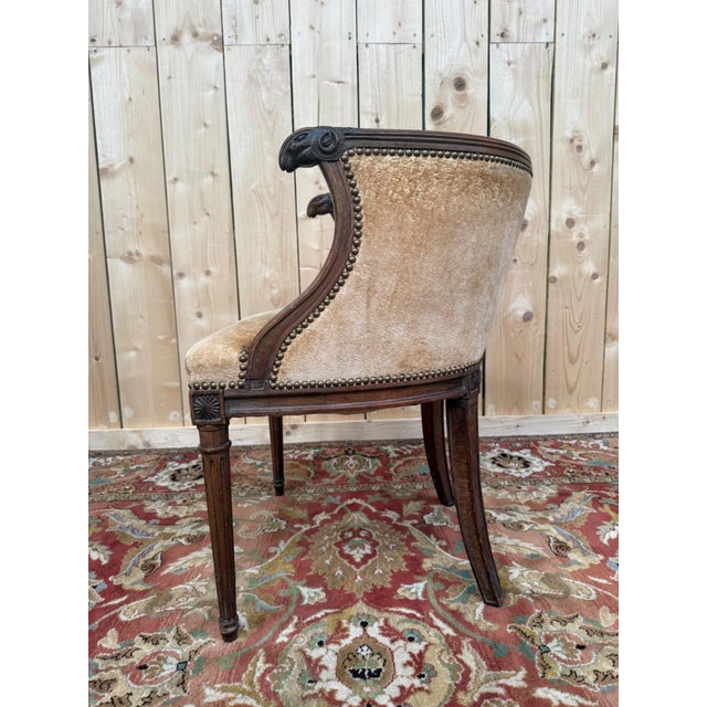 Wood Louis XVI Style Barrel-Shaped Wood, Velvet, Brass Desk Chair with Ram's Heads, 1890s For Sale - Image 7 of 8
