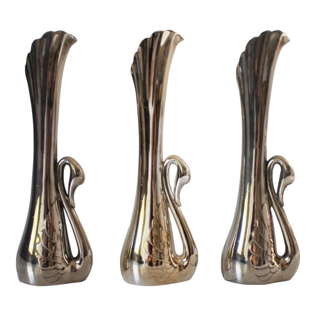 Vintage Silver-Tone Swan Bud Vases S/3 For Sale