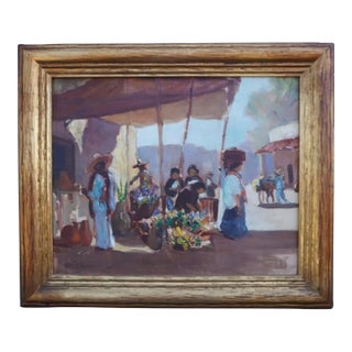 Mexican Marketplace Oil on Board c.1920s For Sale