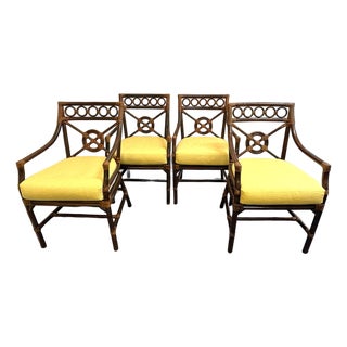 Vintage McGuire Inspired Target Back Style Bamboo and Rawhide Wrapped Arm Chairs With Cushions- Set of 4 For Sale