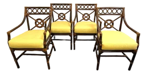 Vintage McGuire Inspired Target Back Style Bamboo and Rawhide Wrapped Arm Chairs With Cushions- Set of 4