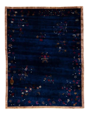 Blue Antique Art Deco Chinese Handmade Floral Wool Rug