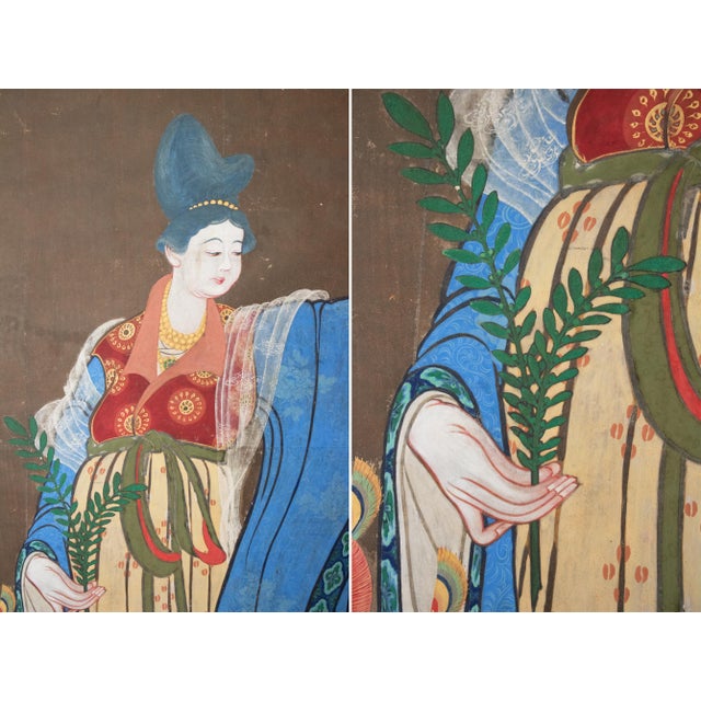 Late 19th Century Large Meiji to Early Showa Japanese 8-Panel Painted Byobu Screen "Celestial Maiden" For Sale - Image 5 of 18