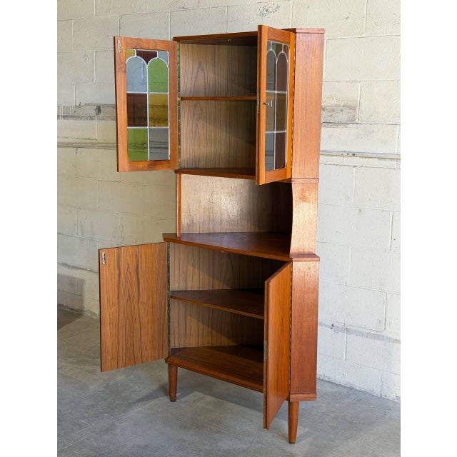 Mid 20th Century Vintage Danish Modern Teak Corner Cabinet Display Hutch Mid Century Stained Glass Denmark For Sale - Image 5 of 9