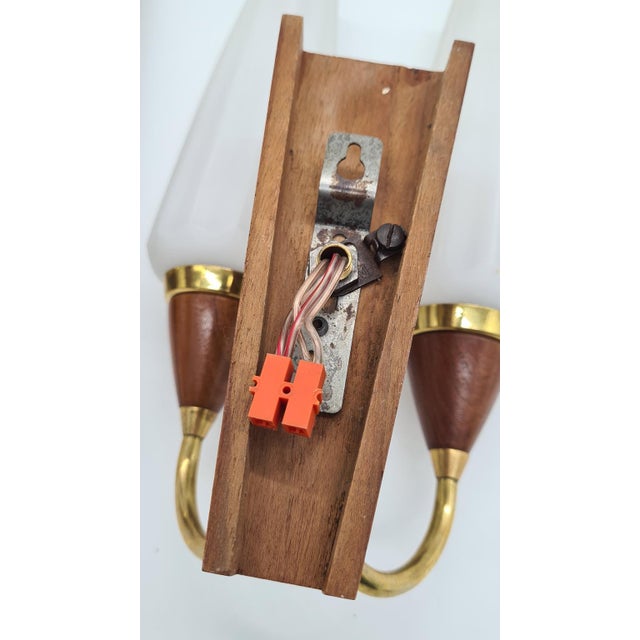 Metal Wall Lamps in Teak, Brass and White Glass, Germany, 1960s, Set of 2 For Sale - Image 7 of 9